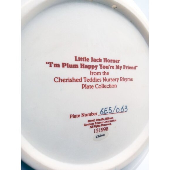 Plate Cherished Teddies Little Jack Horner Im Plum Happy Youre My Friend 6.25" - Picture 16 of 16
